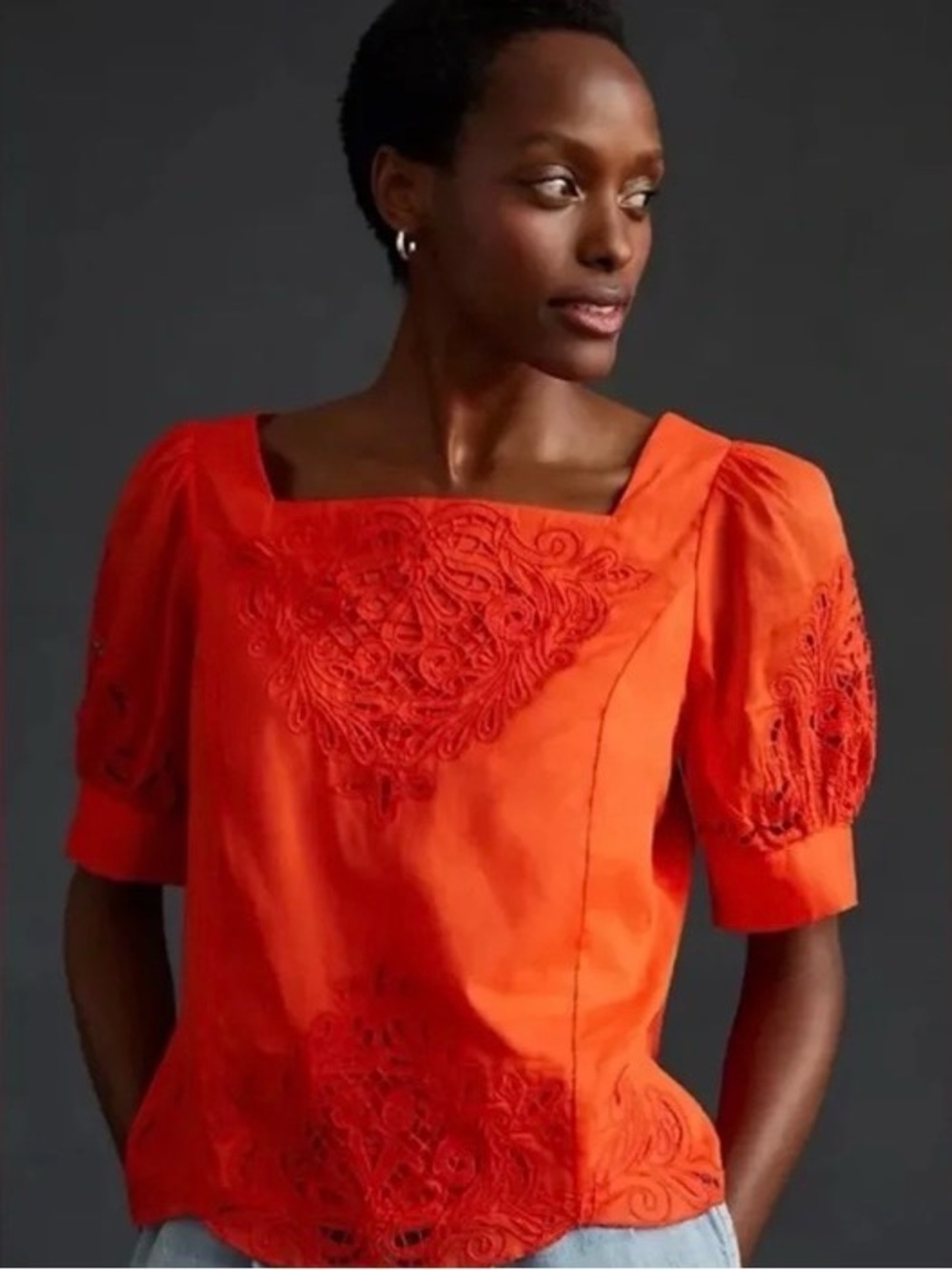 Anthropologie Embroidered Cutwork Square Neck Puff Sleeve Top - Red Orange